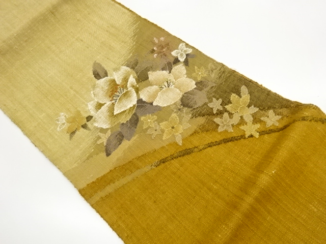 Hand-woven Nagoya obi of cotton pongee with woven floral pattern